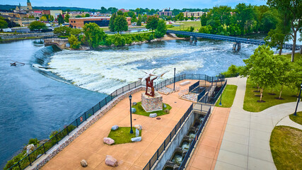 Fototapeta premium Aerial View of River Fish Ladder and Recirculating Current with Bird Sculpture