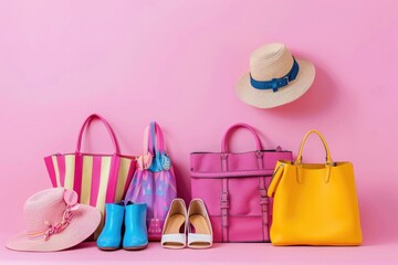 Obraz premium A selection of purses and hats on a bright pink surface, ideal for promoting fashion or beauty products