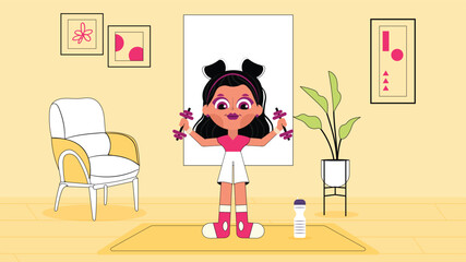 Cartoon woman exercising with dumbbells in a bright living room. Modern home workout concept with cheerful design elements.

