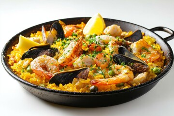 Paella, A rice dish originally from Valencia, made with a variety of seafood, meat (such as chicken or rabbit), vegetables, and seasoned with saffron and other spices. Isolated on White Background