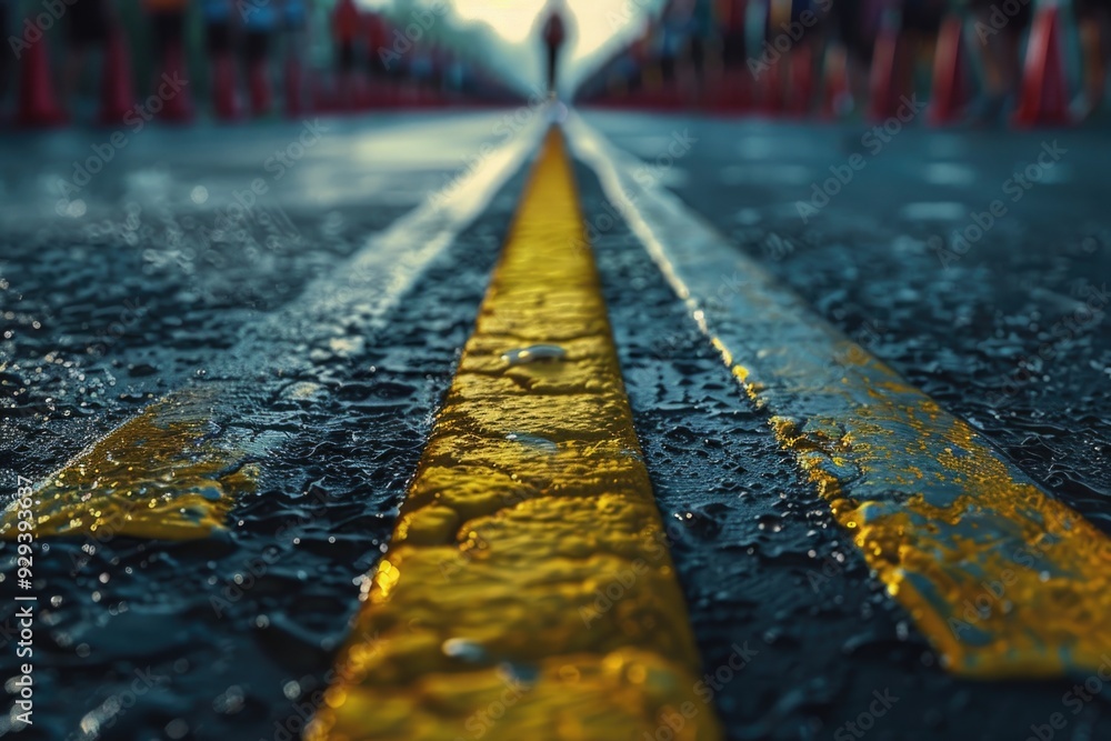 Poster a photo of a wet street with a yellow line in the middle, suitable for use as an urban background or