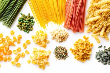 Pasta , A staple of Italian cuisine, available in many shapes and sizes, often served with a variety of sauces such as marinara, Alfredo, and pesto. Isolated on White Background