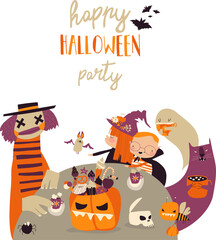 Cartoon crazy Halloween party with kids and monsters. Vector illustration