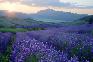 Naklejka premium A serene field of lavender flowers bathed in the warm hues of a sunset, creating a tranquil and picturesque landscape.