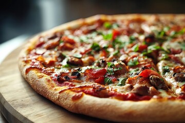 Pizza, A dish made with a flat, round base of dough baked with a topping of tomato sauce and cheese, often with additional toppings such as meats, vegetables, and herbs.
