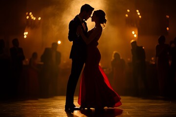 A couple dances intimately in a dimly lit ballroom, surrounded by soft lights during an elegant evening event