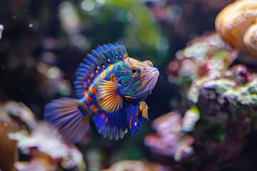 Obraz premium A blue and orange fish swimming in a colorful aquarium