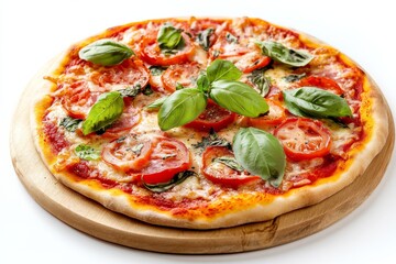 Pizza, A dish made with a flat, round base of dough baked with a topping of tomato sauce and cheese, often with additional toppings such as meats, vegetables, and herbs. isolated on white background
