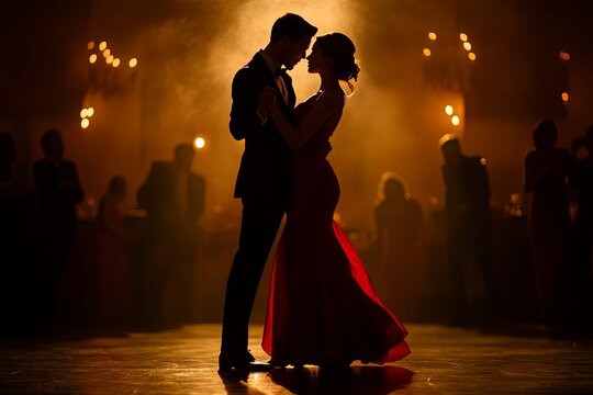 A couple dances intimately in a dimly lit ballroom, surrounded by soft lights during an elegant evening event