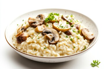 Risotto , A creamy rice dish cooked with broth until it reaches a smooth consistency, often made with ingredients such as mushrooms, seafood, or saffron. Isolated on White Background