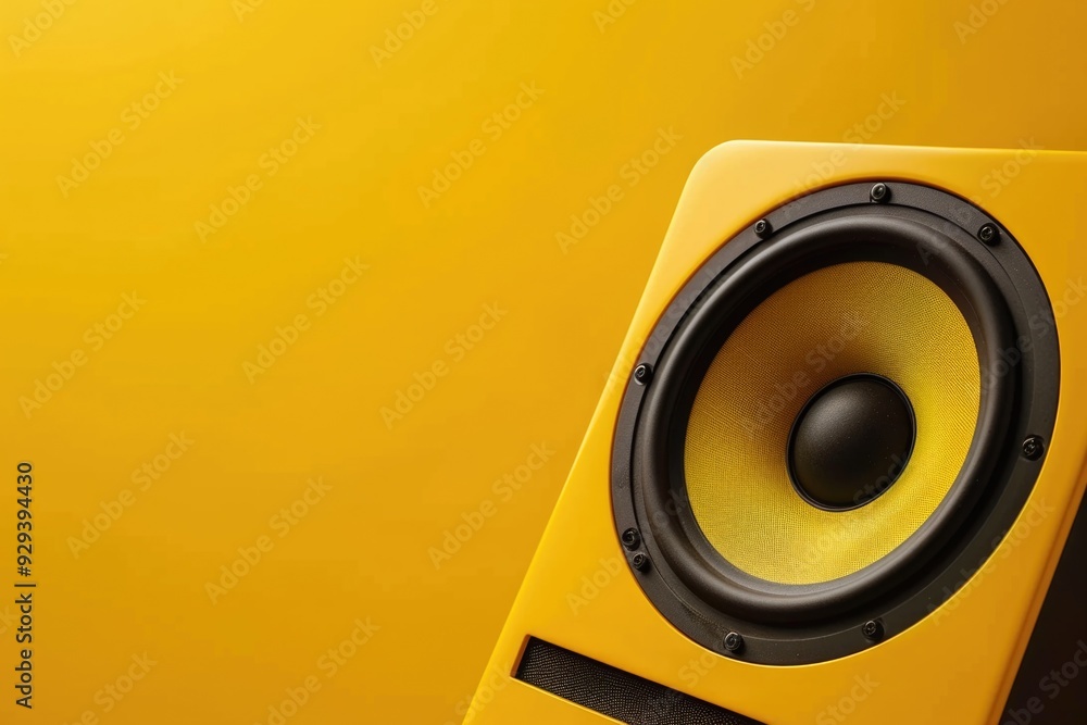 Poster a detailed view of a speaker's design with a bright yellow background