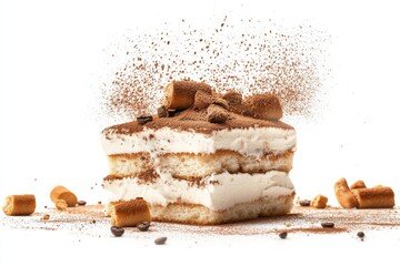 Tiramisu, A popular coffee-flavored Italian dessert made with layers of ladyfingers soaked in coffee, mascarpone cheese, and cocoa powder. Isolated on White Background