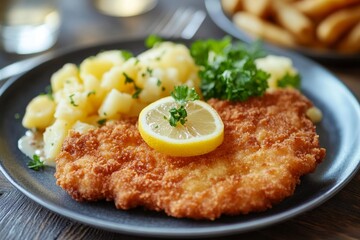 Wiener Schnitzel, A breaded and deep-fried veal cutlet, traditionally served with a slice of lemon and potato salad or fries.