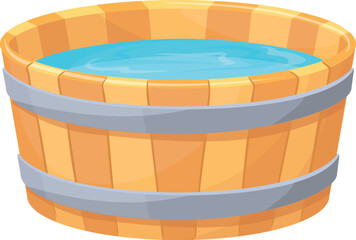 Retro water tub. Rural wooden cartoon bucket