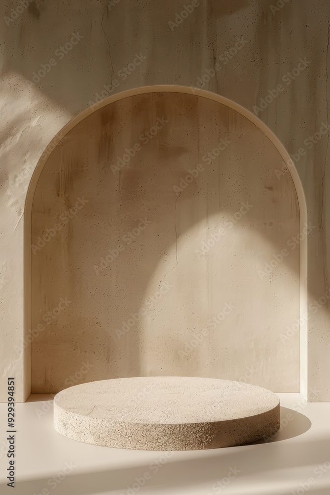 Poster minimalistic beige arch and curved platform with soft lighting and textured walls.