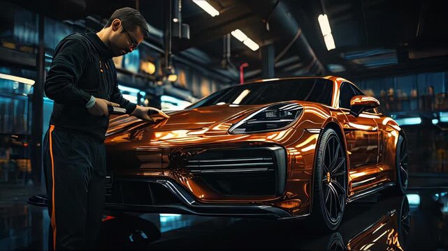 Male auto mechanic locksmith performs work on car repair at a service station workshop