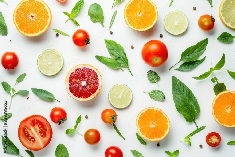 Poster a selection of colorful fruits and vegetables arranged on a white surface