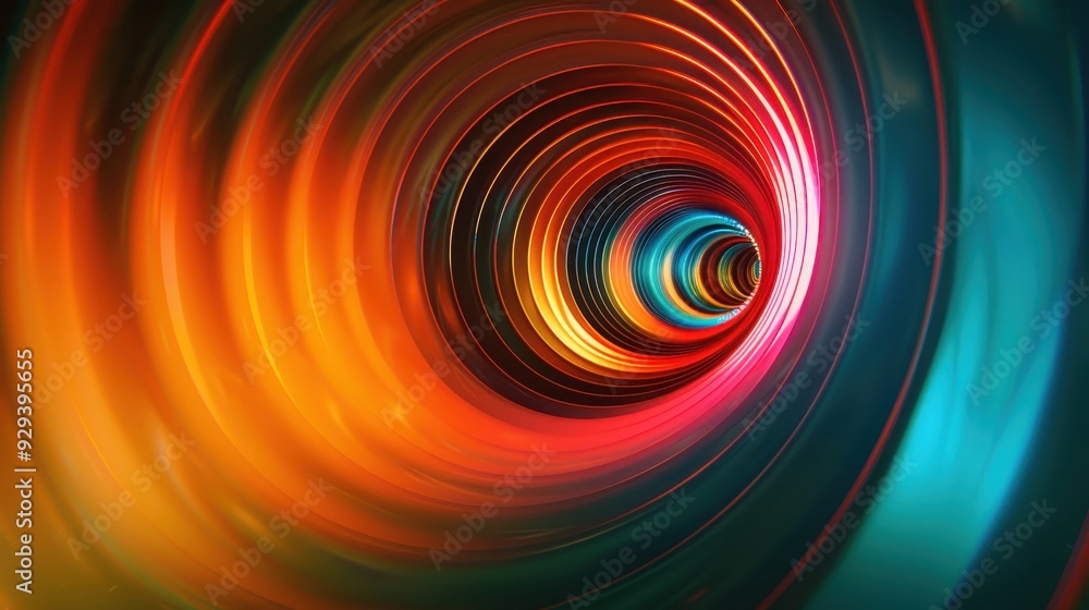 Poster vibrant and colorful abstract spiral tunnel with glowing circular patterns.