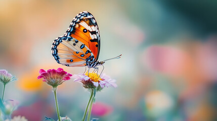 Obraz premium A vibrant orange butterfly with black and white markings perches gracefully on a colorful flower amidst a blurred, colorful background.