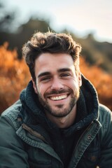 A man with a long beard is smiling in a sunny meadow, possibly at the beauty of nature