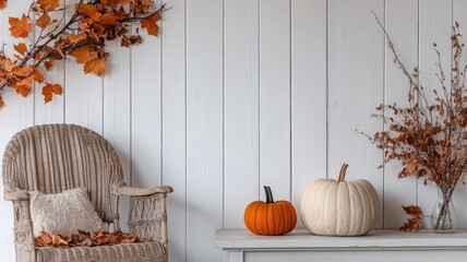 Cozy autumn decor with pumpkins and fall leaves on white wooden background