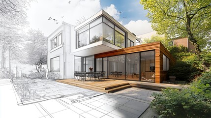 A modern house design featuring a blend of glass and wood in a landscaped environment.