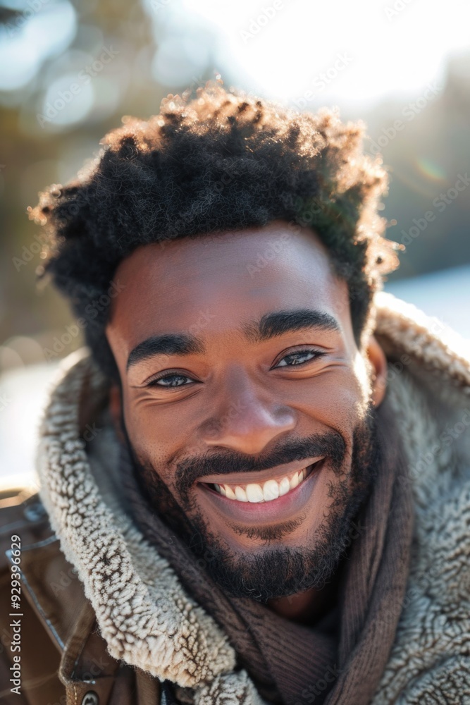 Poster a happy guy with a beard and jacket on