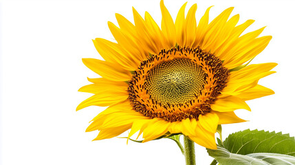 Fototapeta premium A vibrant, close-up photograph of a fully bloomed yellow sunflower with intricate details of its seeds and petals against a white background.
