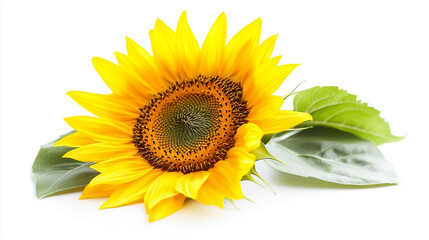 Obraz premium Vibrant yellow sunflower with vivid green leaves on a clean white background, radiating natural beauty and freshness.