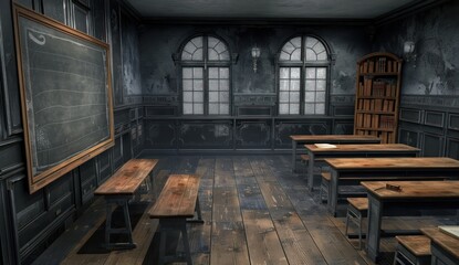 Old-style classroom with dark grey walls, a left-sided blackboard, and wooden desks, 3D illustration