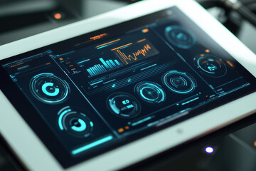 A futuristic digital interface on a tablet displaying various analytics and data visualizations, including graphs and circular diagrams, in a high-tech setting.