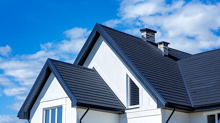 A modern house with a sleek roof against a blue sky and clouds.