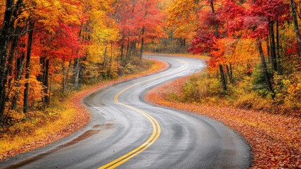 Fototapeta premium Curved road winding through colorful autumn forest trees