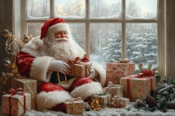 Obraz premium Santa Claus sits by a frosted window, holding a wrapped gift in a cozy, snow-covered room. The scene captures the warmth and magic of Christmas, with Santa embracing the holiday spirit. 