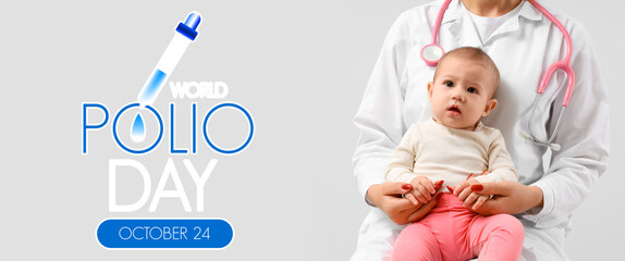Female pediatrician with little baby sitting on light background, closeup