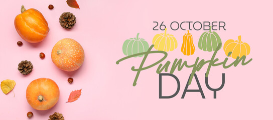 Fresh pumpkins with cones, chestnuts and autumn leaves on pink background