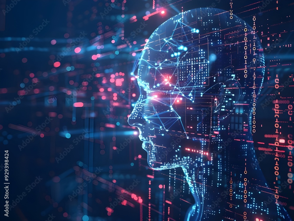 Poster a profile view of an ai head with digital code and data streams flowing around it.