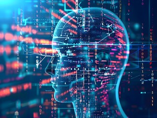 Fototapeta premium A profile view of an AI head with digital code and data streams flowing around it.