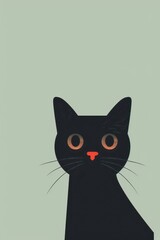 Obraz premium Minimalistic illustration of a black cat with wide eyes and a red nose against a light green background.