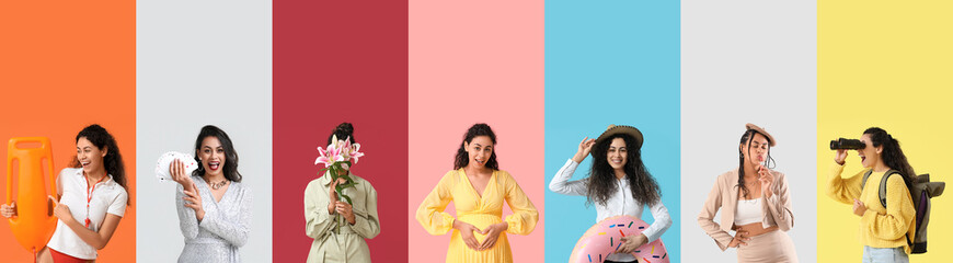 Set of young African-American woman on color background
