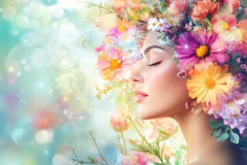 Tranquil woman adorned with vibrant flowers, emanating peace and natural beauty in digital art