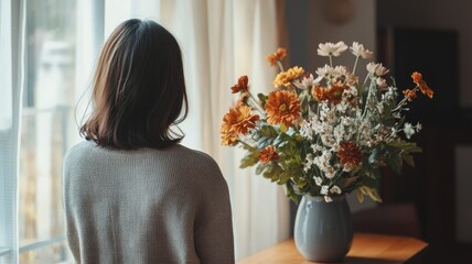 Woman with short hair looking out window beside vase of flowers