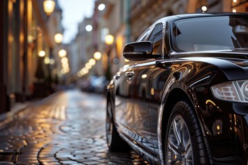 A black car is parked on a cobblestone street with old buildings in the background