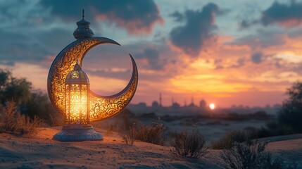 3d rendered ramadan scene with ornate golden crescent moon and illuminated lantern atop sand dune ethereal light creating magical desert night atmosphere