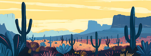 Illustration of a landscape with cacti in the desert. Concept of nature, travel, and the Wild West.