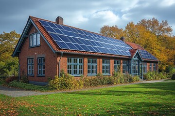 Obraz premium A brick house with a solar panel roof in autumn