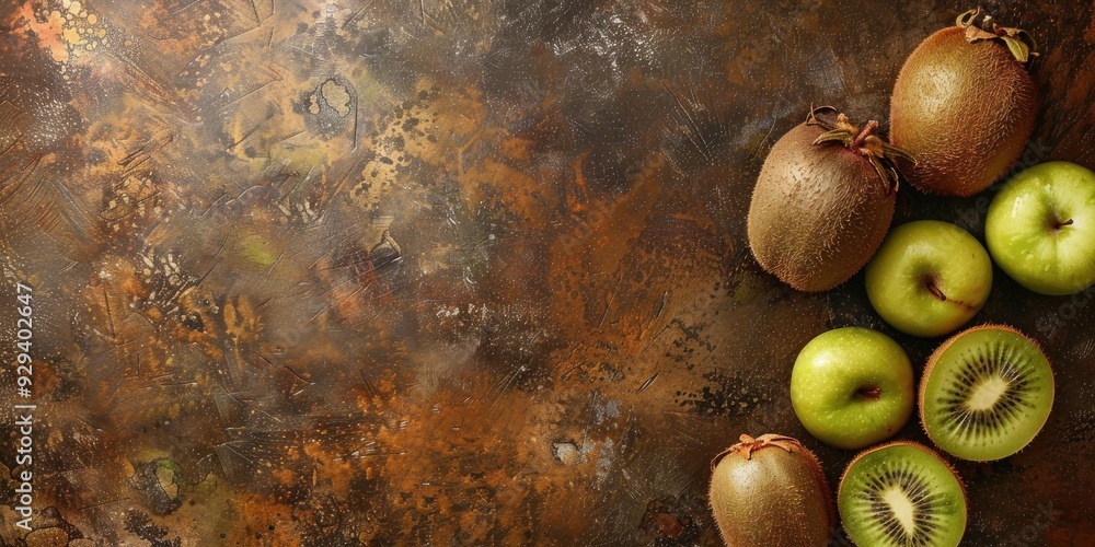 Poster kiwi fruit assortment on table with vertical composition and room for text