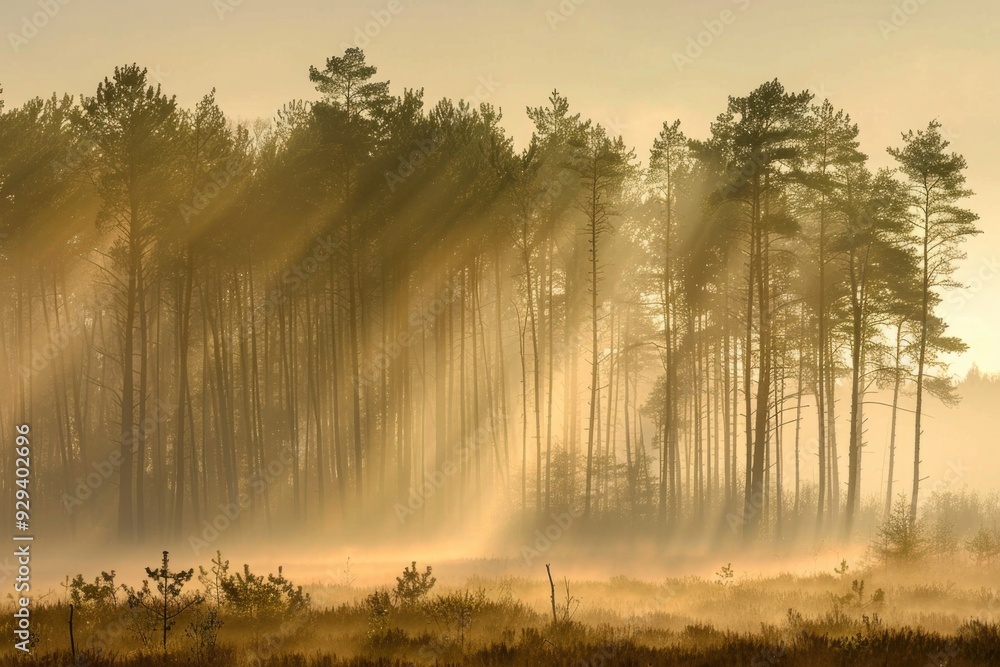 Poster A misty forest scene with sunlight filtering through the trees