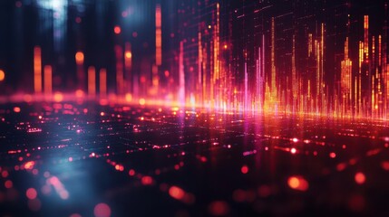 abstract financial data visualization glowing charts and graphs on dark background futuristic interface neon accents market trends concept