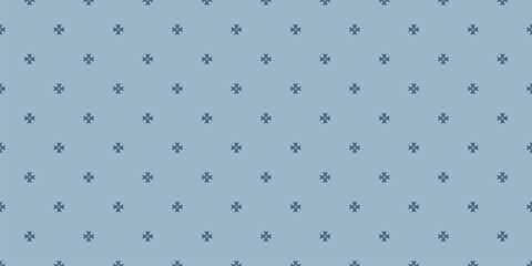 Vector minimalist geometric floral ornament. Simple seamless pattern. Ornamental texture with small flower shapes, crosses. Soft blue abstract background. Minimal repeat geo design for decor, textile